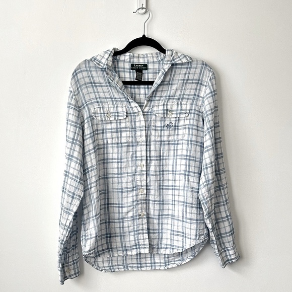 Ralph Lauren Blue and White Plaid Linen Button Down Shirt - Picture 2 of 8